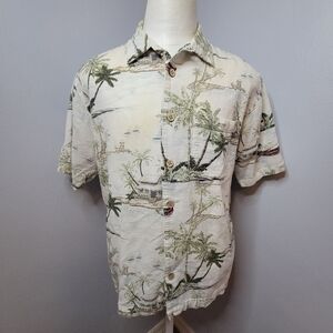 Knights Sportswear Men Large White Hawaiian Shirt Palm Trees Tiki Hut S/S Cotton